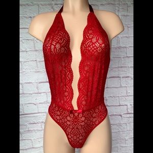 Burgundy Red, Scallop Trim, Laced Bodysuit